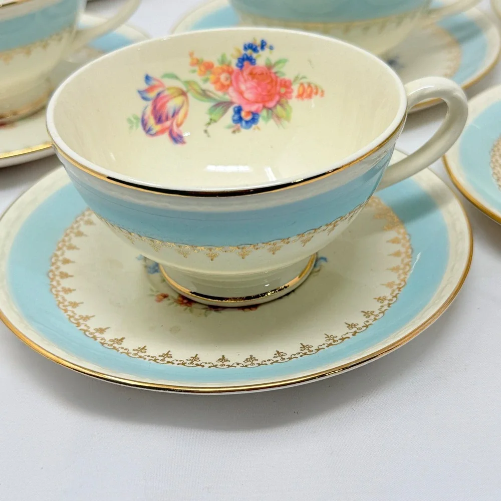 Homer Laughlin Eggshell Georgian Tea Cups and Saucers Floral Blue Gold